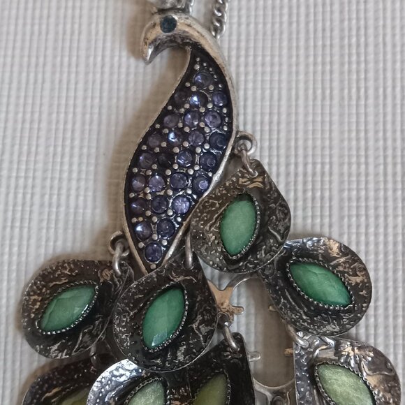 Long Silver Toned and Multicolored Rhinestone Encrusted Peacock Pendant Necklace - Picture 4 of 8